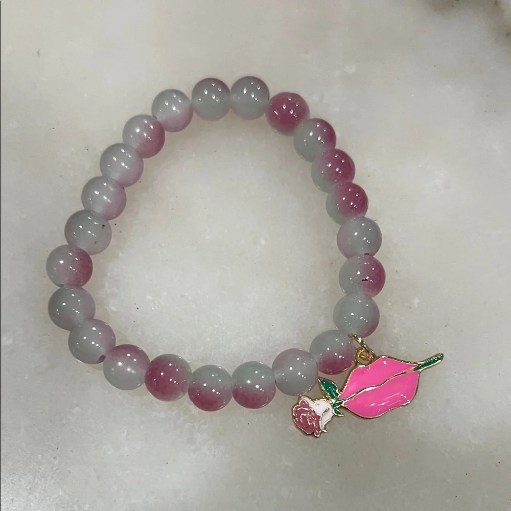 Chic Pink and Gray Beaded Bracelet with Lip Charm